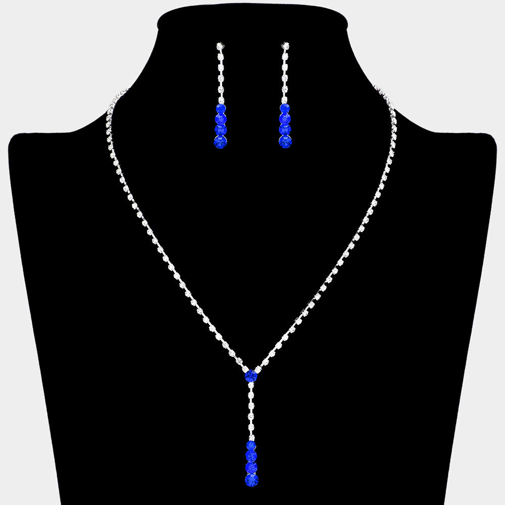 Sapphire Round Stone Y Necklace and Earring Set | Blue Necklace Set
