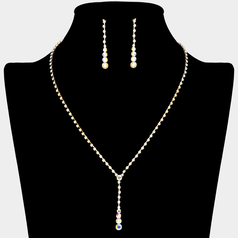 AB Round Stone Y Necklace and Earring Set on Gold | AB Necklace Set on Gold