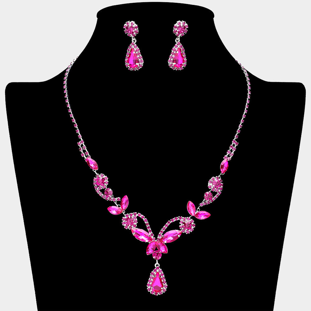 Fuchsia Marquise Stone Floral Rhinestone Embellished Evening Necklace Set | Prom Jewelry