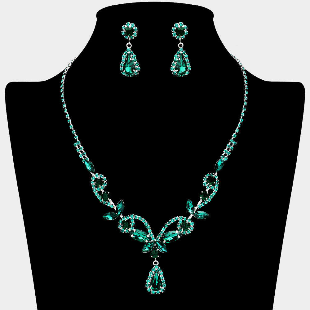 Emerald Marquise Stone Floral Rhinestone Embellished Evening Necklace Set | Prom Jewelry