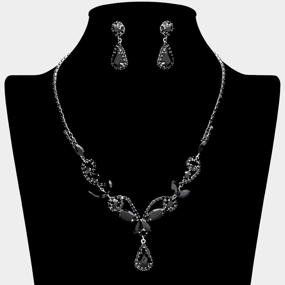 Jet Black Marquise Stone Floral Rhinestone Embellished Evening Necklace Set | Prom Jewelry