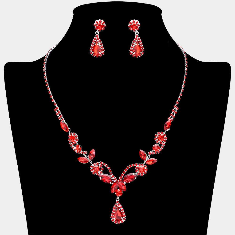 Red Marquise Stone Floral Rhinestone Embellished Evening Necklace Set | Prom Jewelry
