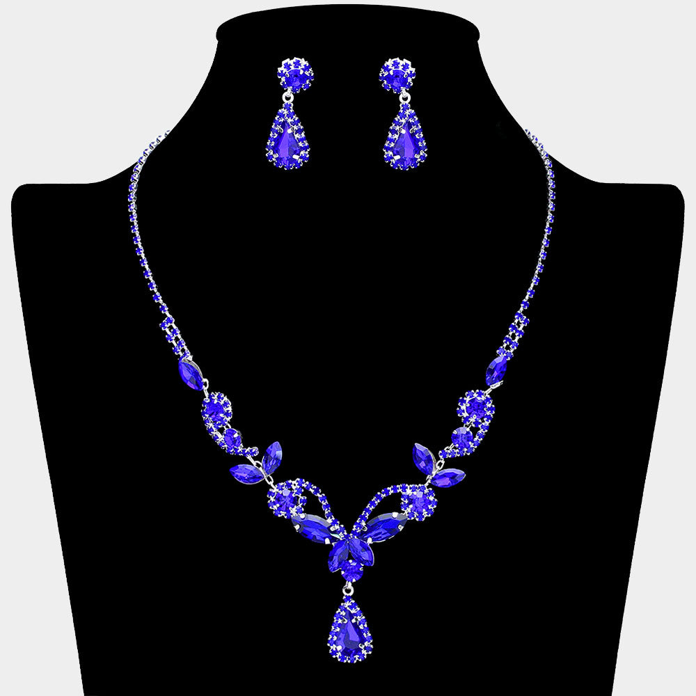 Sapphire Marquise Stone Floral Rhinestone Embellished Evening Necklace Set | Prom Jewelry