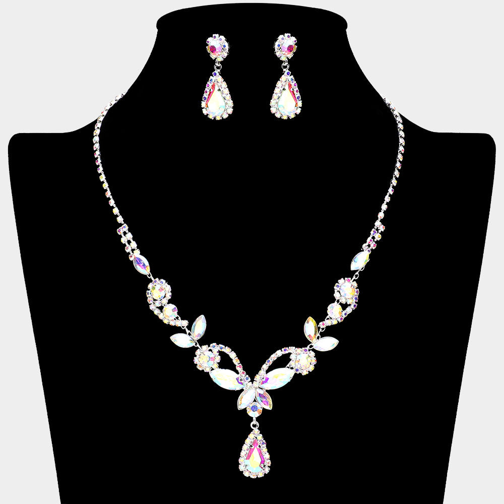 AB Marquise Stone Floral Rhinestone Embellished Evening Necklace Set | Prom Jewelry