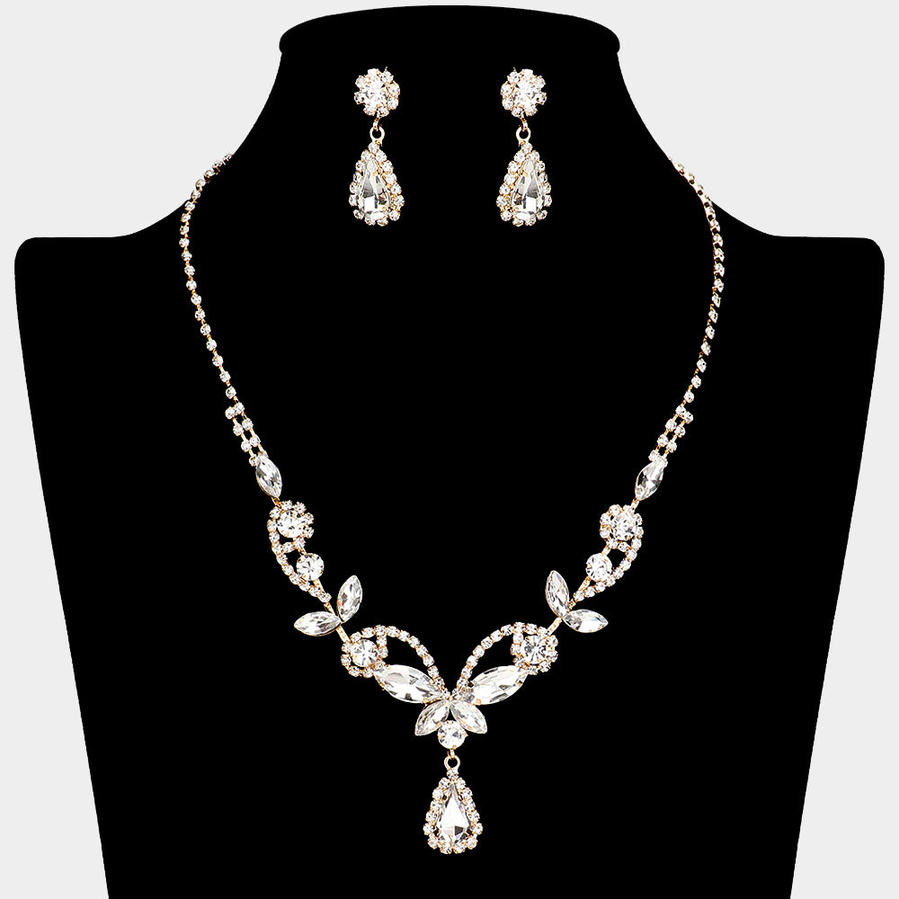 Clear Marquise Stone Floral Rhinestone Embellished Evening Necklace Set on Gold | Prom Jewelry