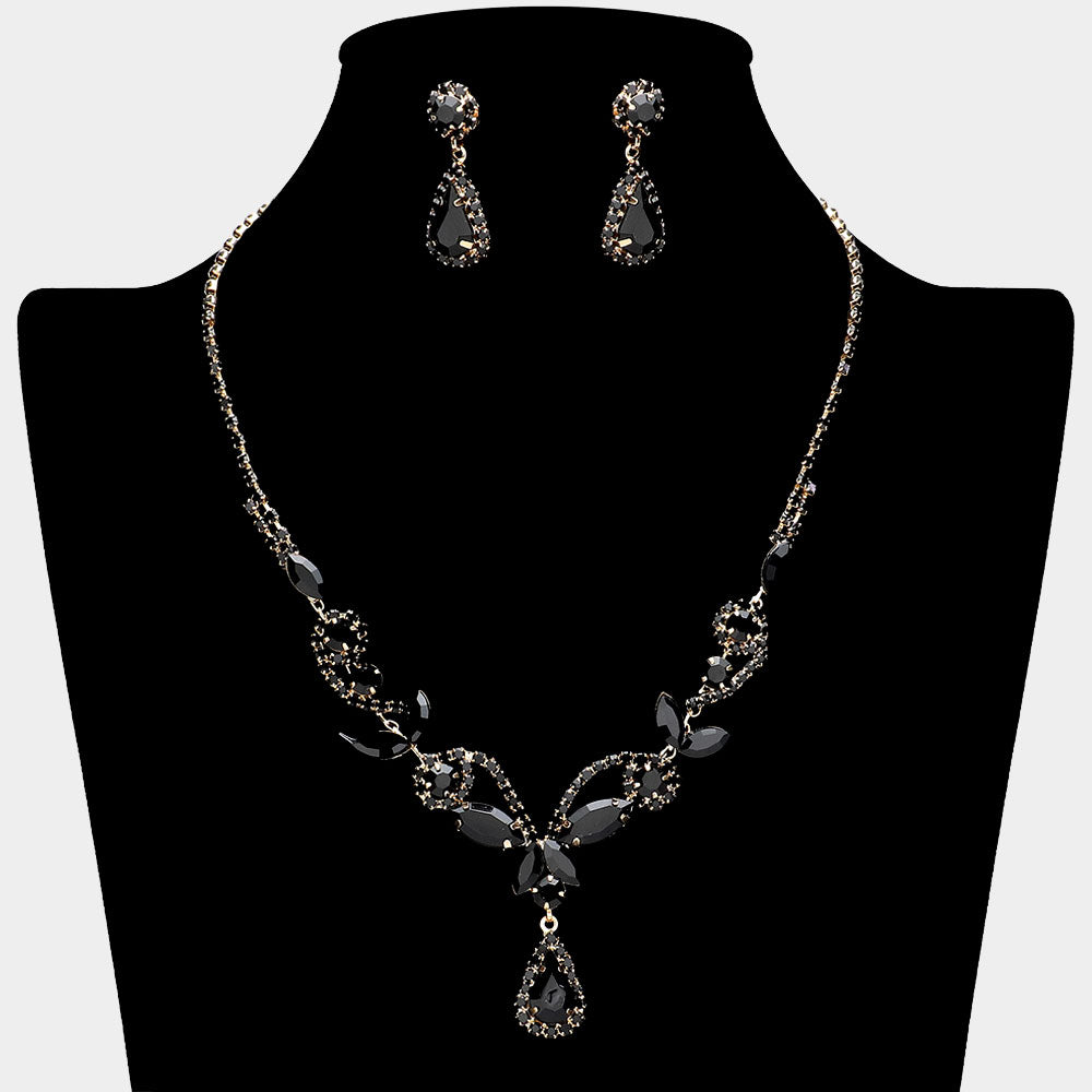 Jet Black Marquise Stone Floral Rhinestone Embellished Evening Necklace Set on Gold | Prom Jewelry