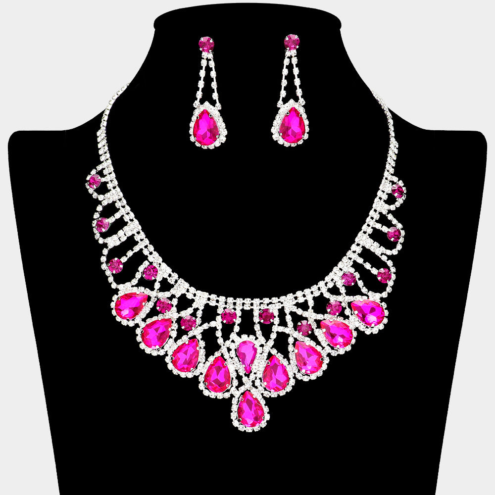Hot Pink Teardrop and Rhinestone Embellished Collar Necklace