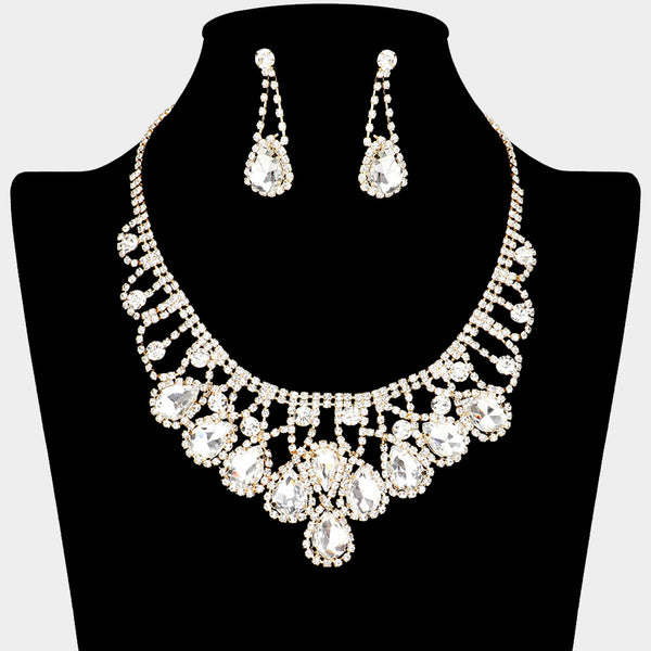 Clear Teardrop and Rhinestone Embellished Collar Necklace Set on 