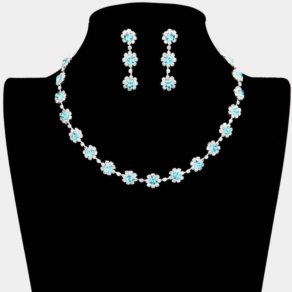 Floral Aqua Crystal Rhinestone Small Collar Necklace Set  | Pageant and Prom Jewelry