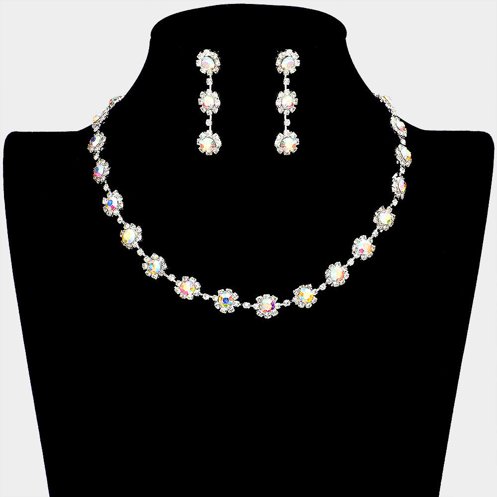 Floral AB Crystal Rhinestone Small Collar Necklace Set | Pageant and Prom Jewelry