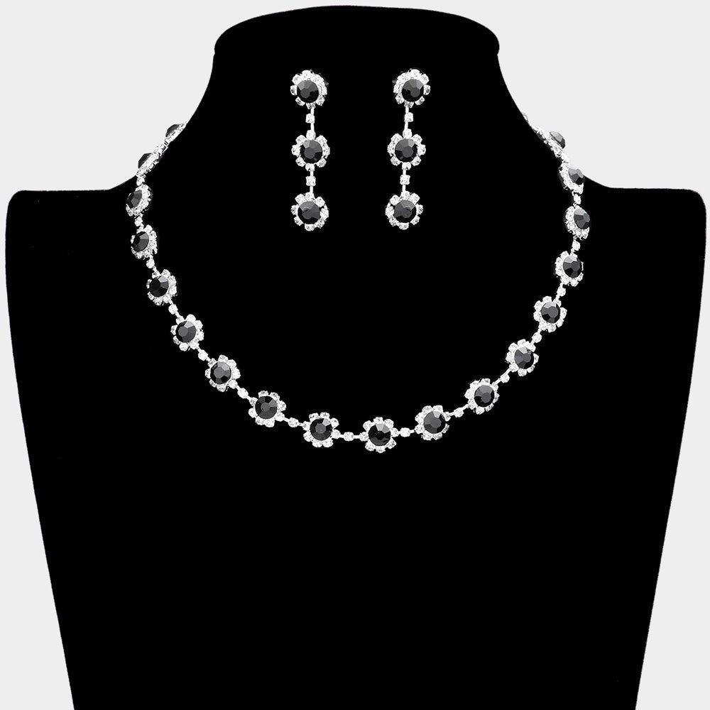 Floral Black Crystal Rhinestone Small Collar Necklace Set  | Pageant and Prom Jewelry