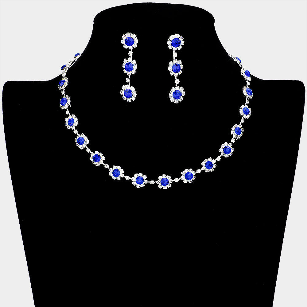 Floral Sapphire Crystal Rhinestone Small Collar Necklace Set  | Pageant and Prom Jewelry