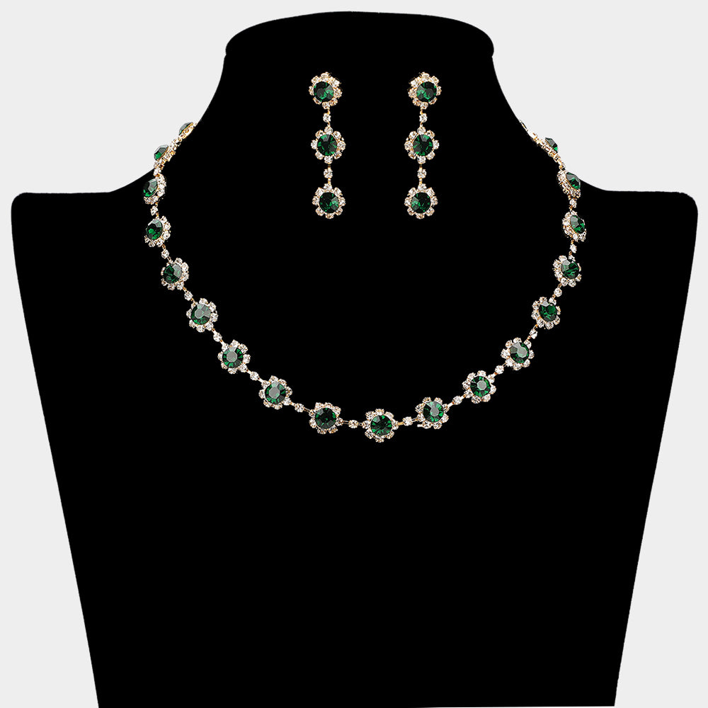 Floral Emerald Crystal Rhinestone Small Collar Necklace Set  | Pageant and Prom Jewelry
