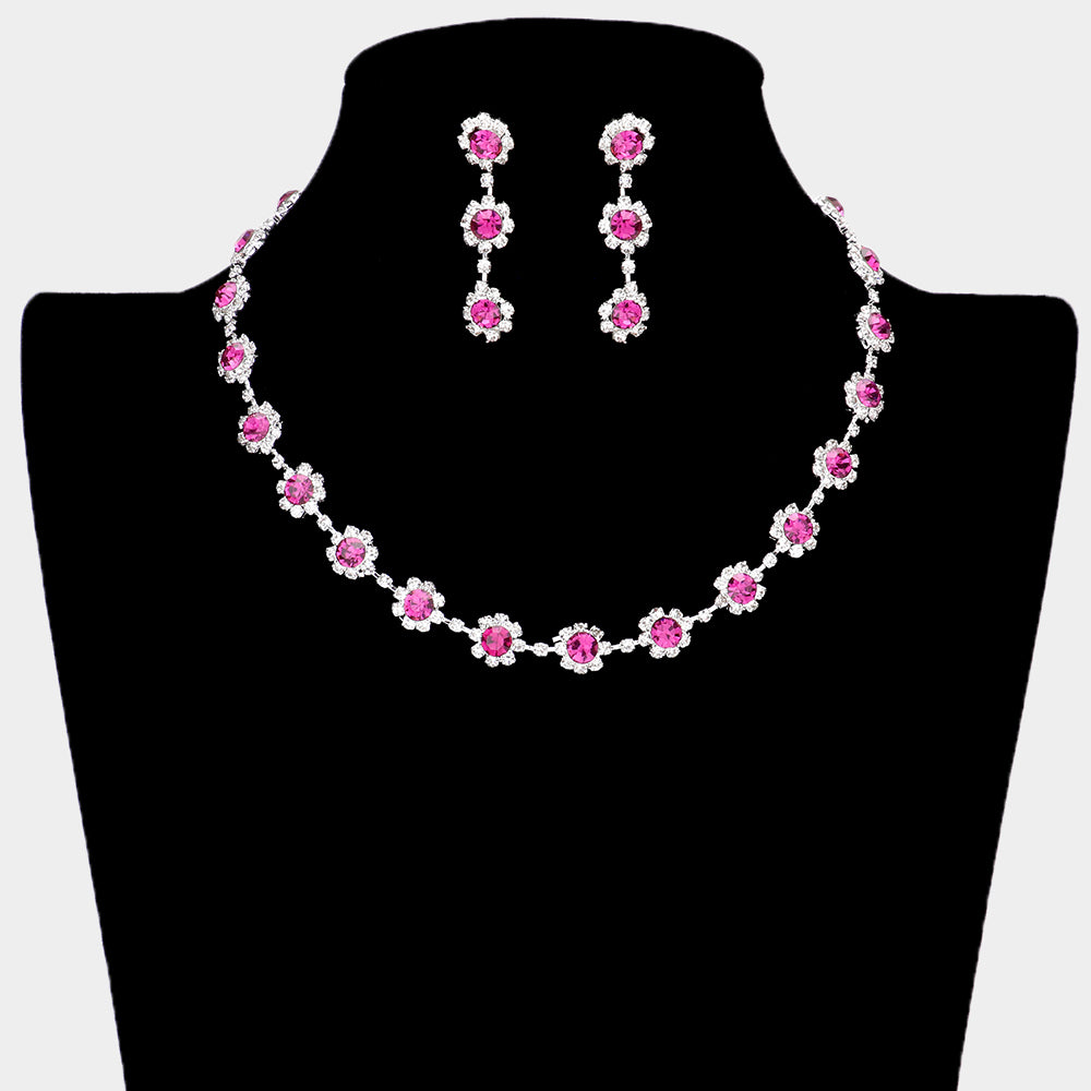 Floral Fuchsia Crystal Rhinestone Small Collar Necklace Set | Pageant and Prom Jewelry