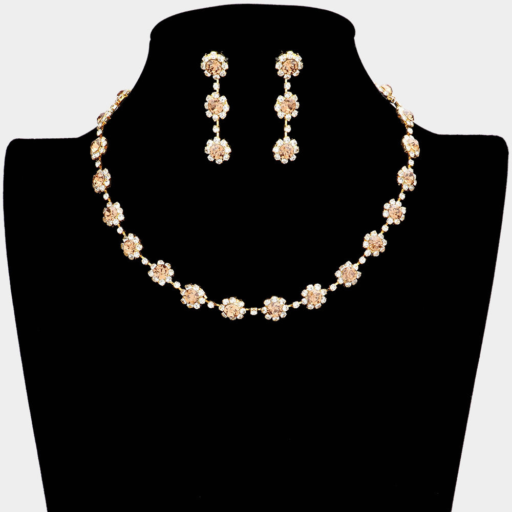 Floral Light Topaz Crystal Rhinestone Small Collar Necklace Set  | Pageant and Prom Jewelry
