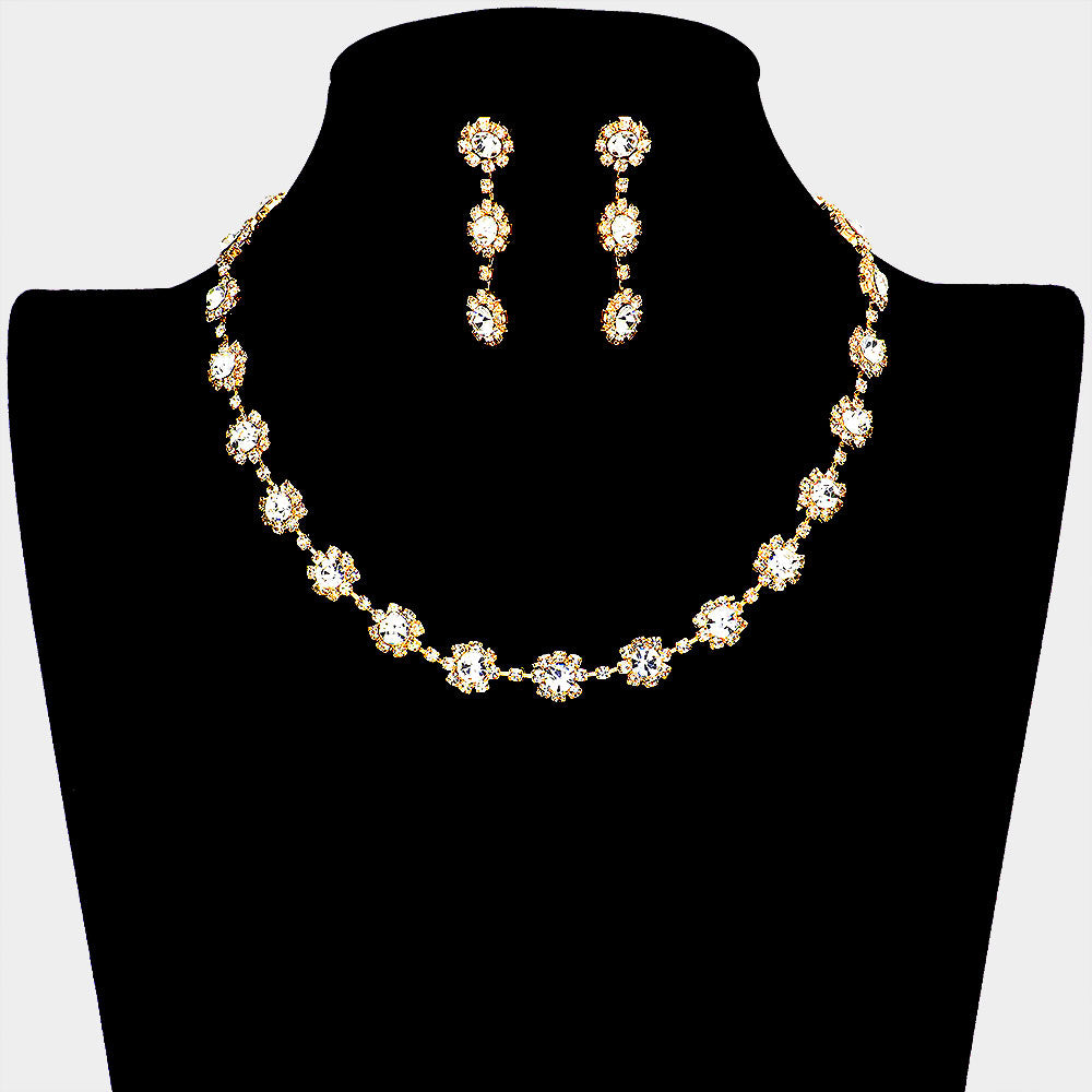 Floral Clear Crystal Rhinestone Small Collar Necklace Set on Gold | Pageant and Prom Jewelry