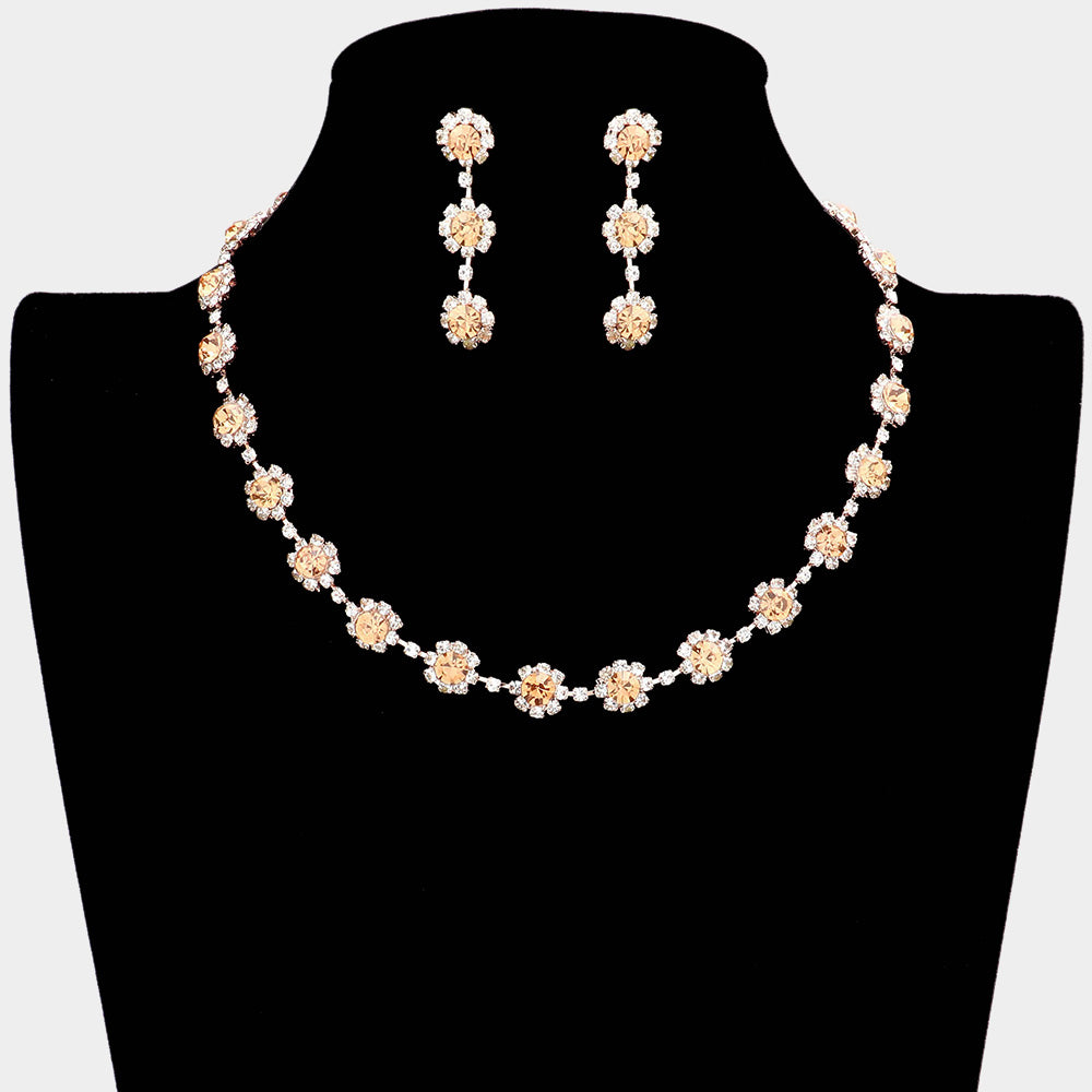 Floral Peach Crystal Rhinestone Small Collar Necklace Set  | Pageant and Prom Jewelry