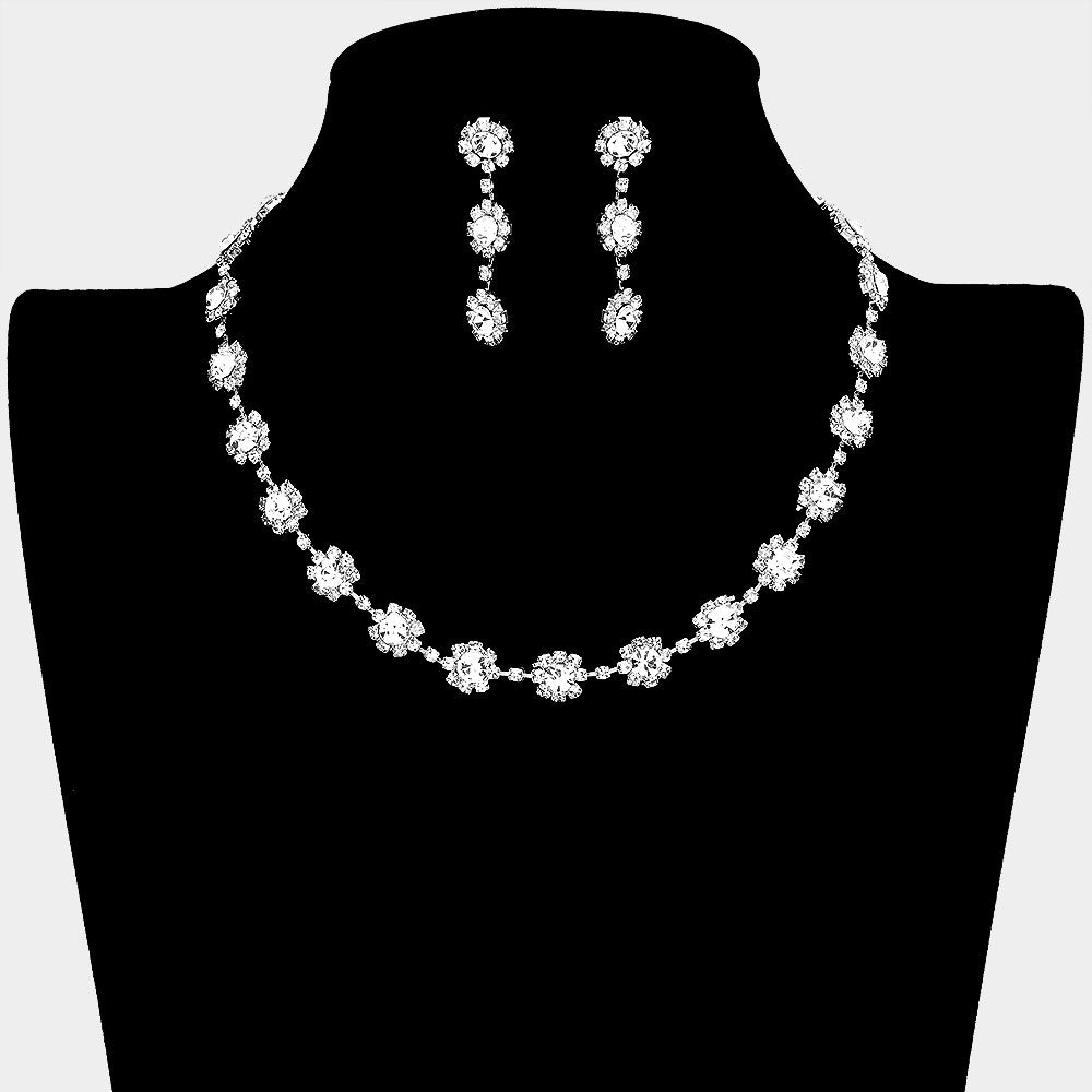 Floral Clear Crystal Rhinestone Small Collar Necklace Set  | Pageant and Prom Jewelry