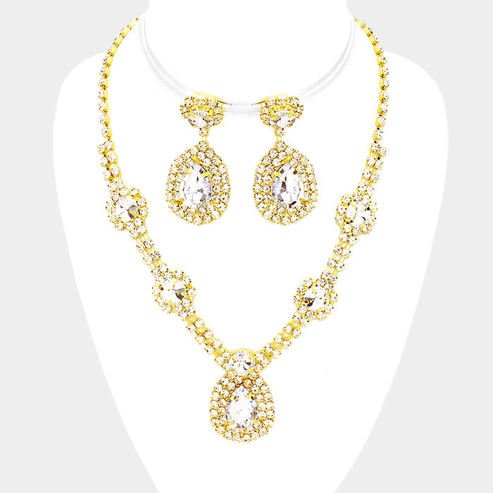 Clear Crystal Fashion Necklace and Earring Set on Gold