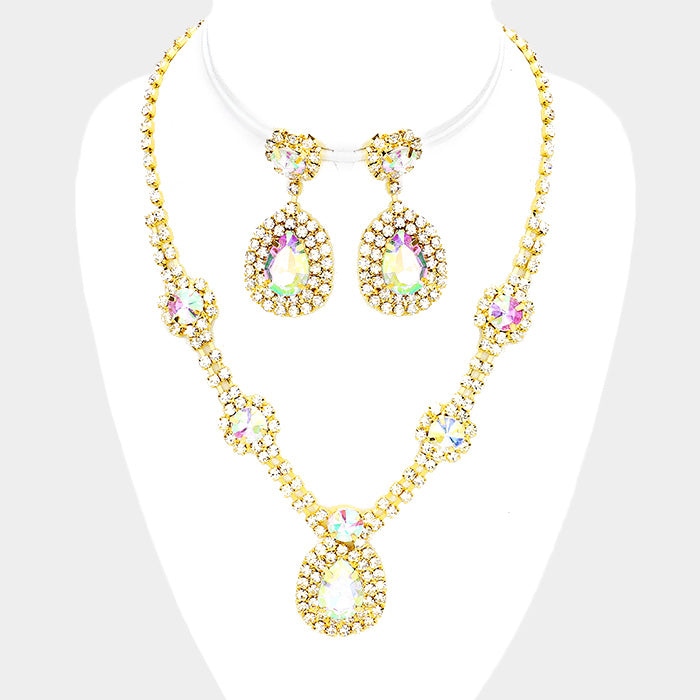 AB Crystal Fashion Necklace and Earring Set on Gold