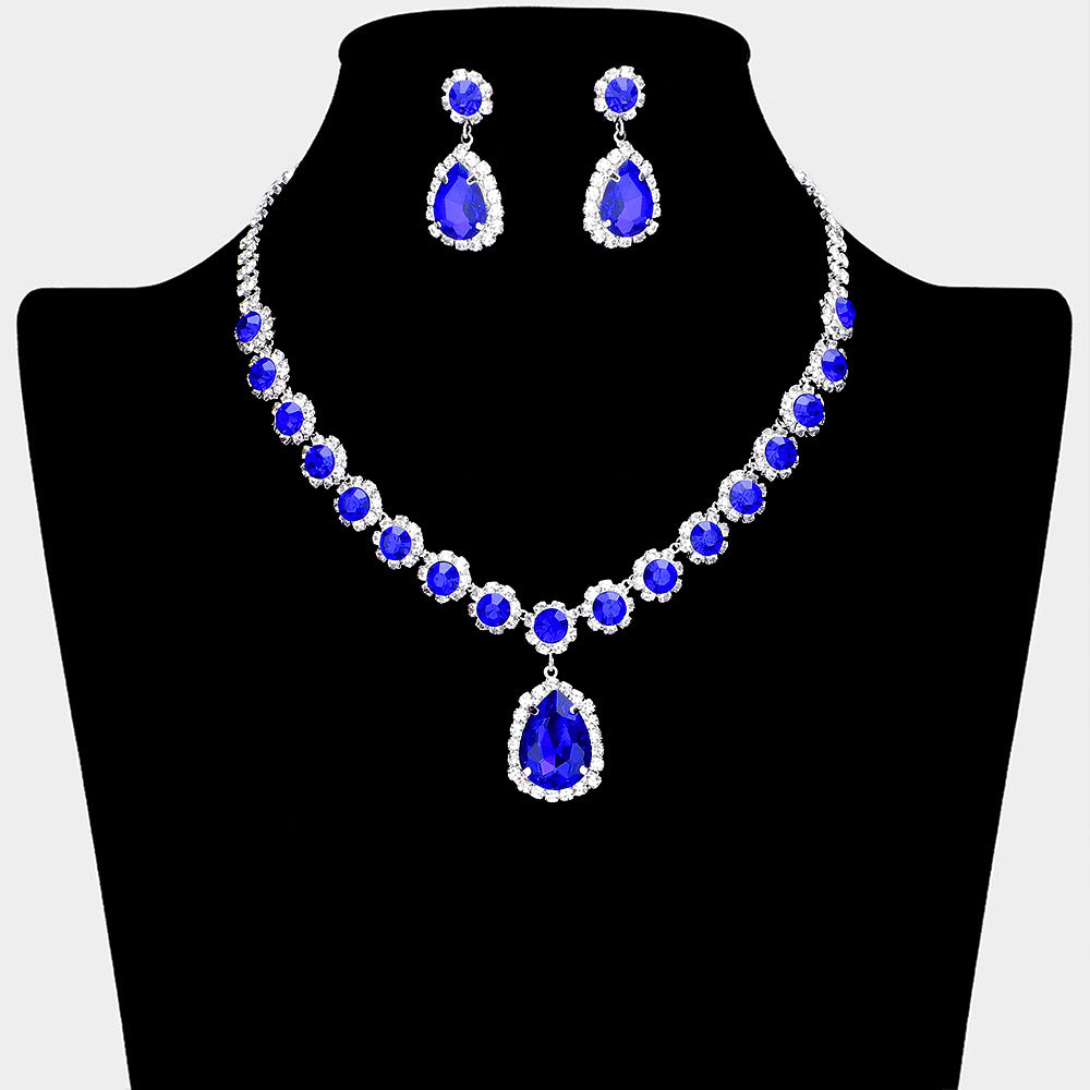 Rhinestone Blue Teardrop Dangle Necklace