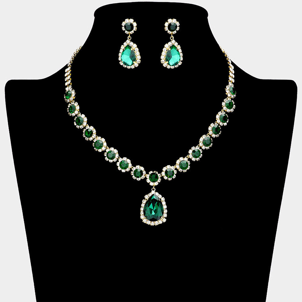 Rhinestone Emerald Teardrop Dangle Necklace