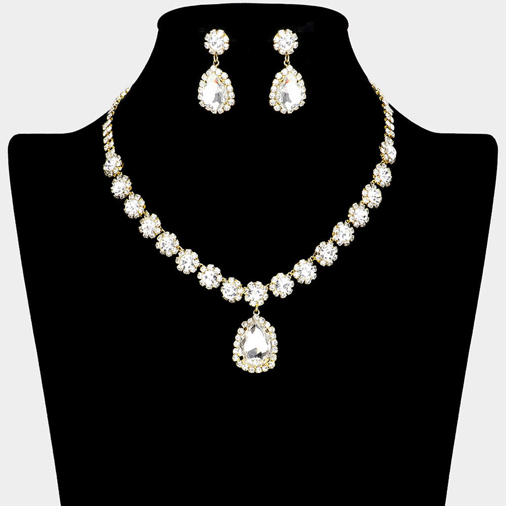 Rhinestone Clear Teardrop Dangle Necklace on Gold