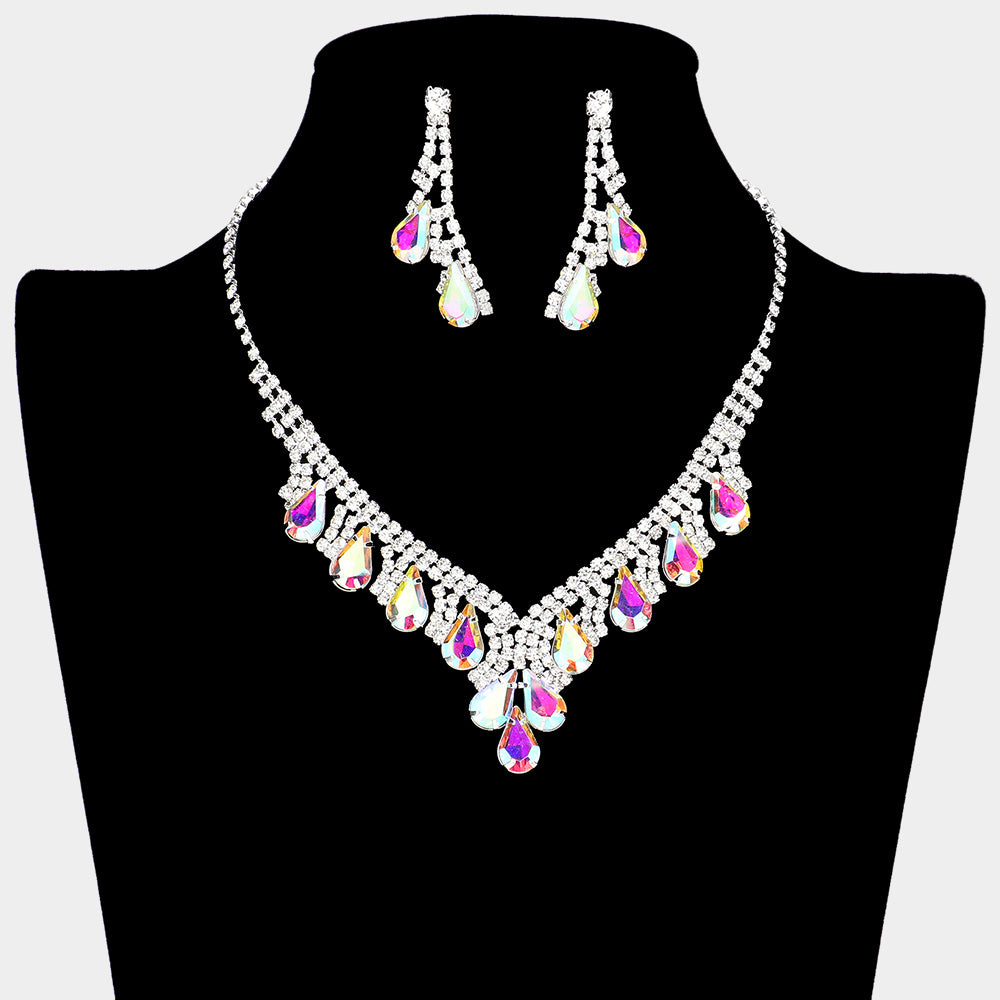 AB Teardrop Stone and Rhinestone Accented Homecoming Necklace Set | Prom Necklace Set