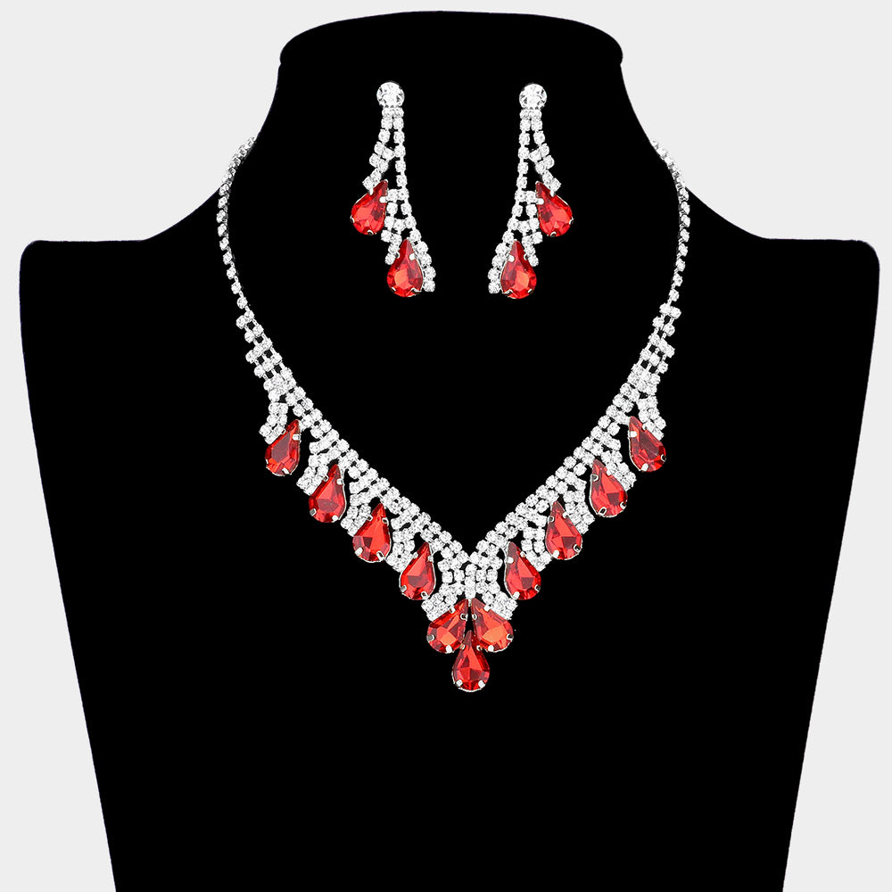Red Teardrop Stone and Rhinestone Accented Homecoming Necklace Set | Prom Necklace Set