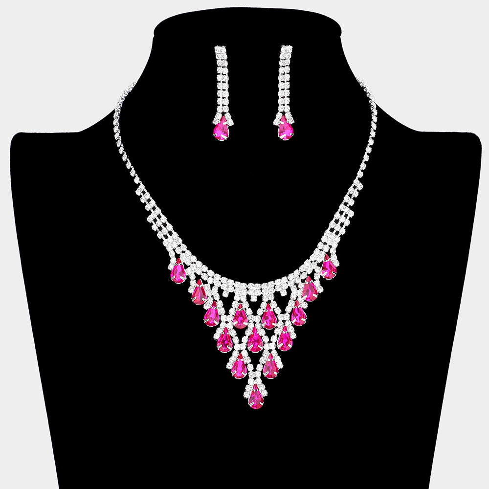 Teardrop Fuchsia Crystal Bib Necklace