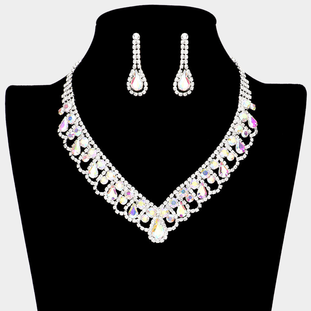 AB Teardrop and Round Stone V Shaped Prom Necklace Set | Prom Jewelry
