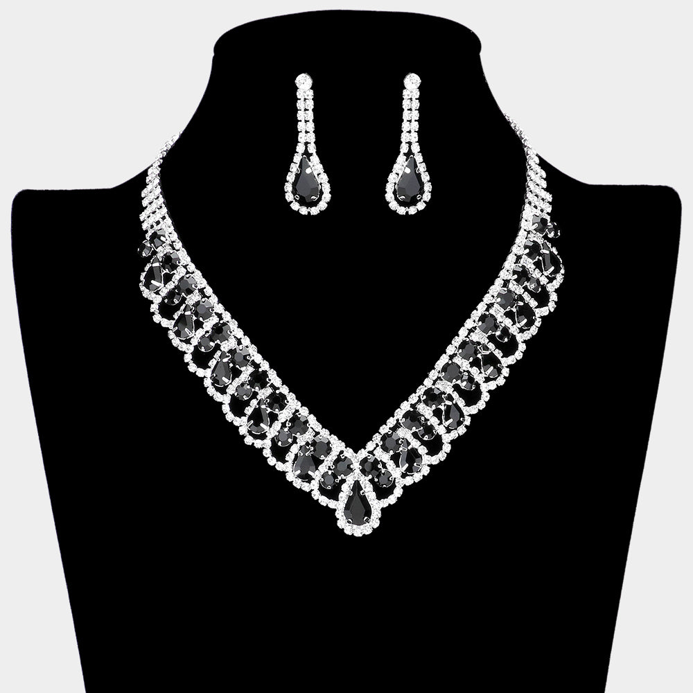 Black Teardrop and Round Stone V Shaped Prom Necklace Set | Prom Jewelry