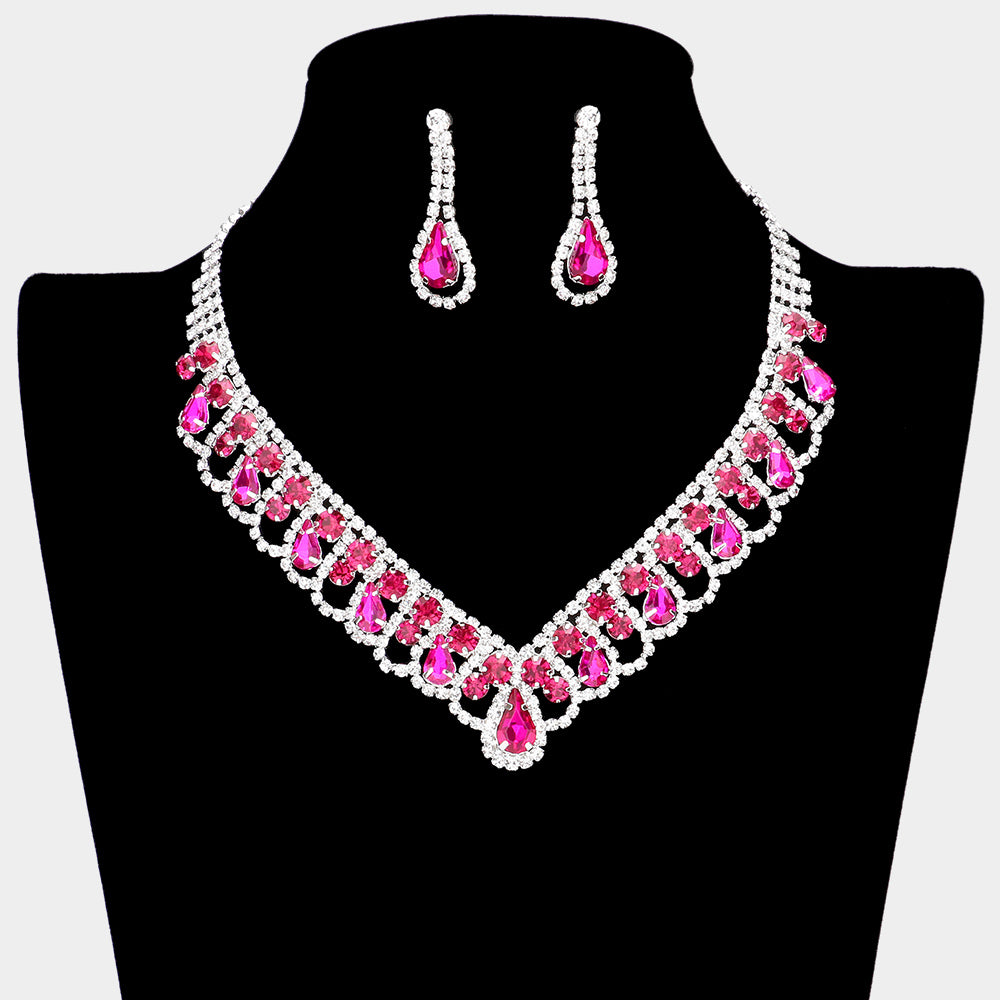 Fuchsia Teardrop and Round Stone V Shaped Prom Necklace Set | Prom Jewelry