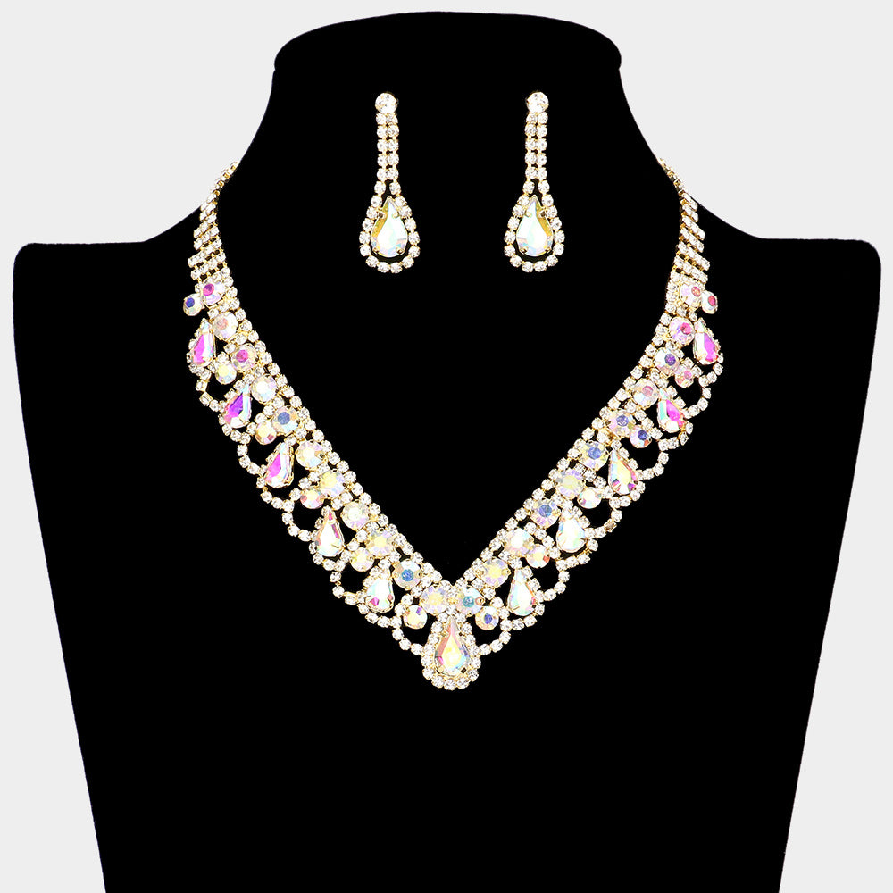 AB Teardrop and Round Stone V Shaped Prom Necklace Set on Gold