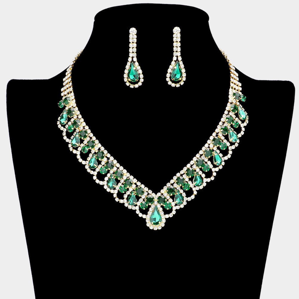 Emerald Teardrop and Round Stone V Shaped Prom Necklace Set | Prom Jewelry