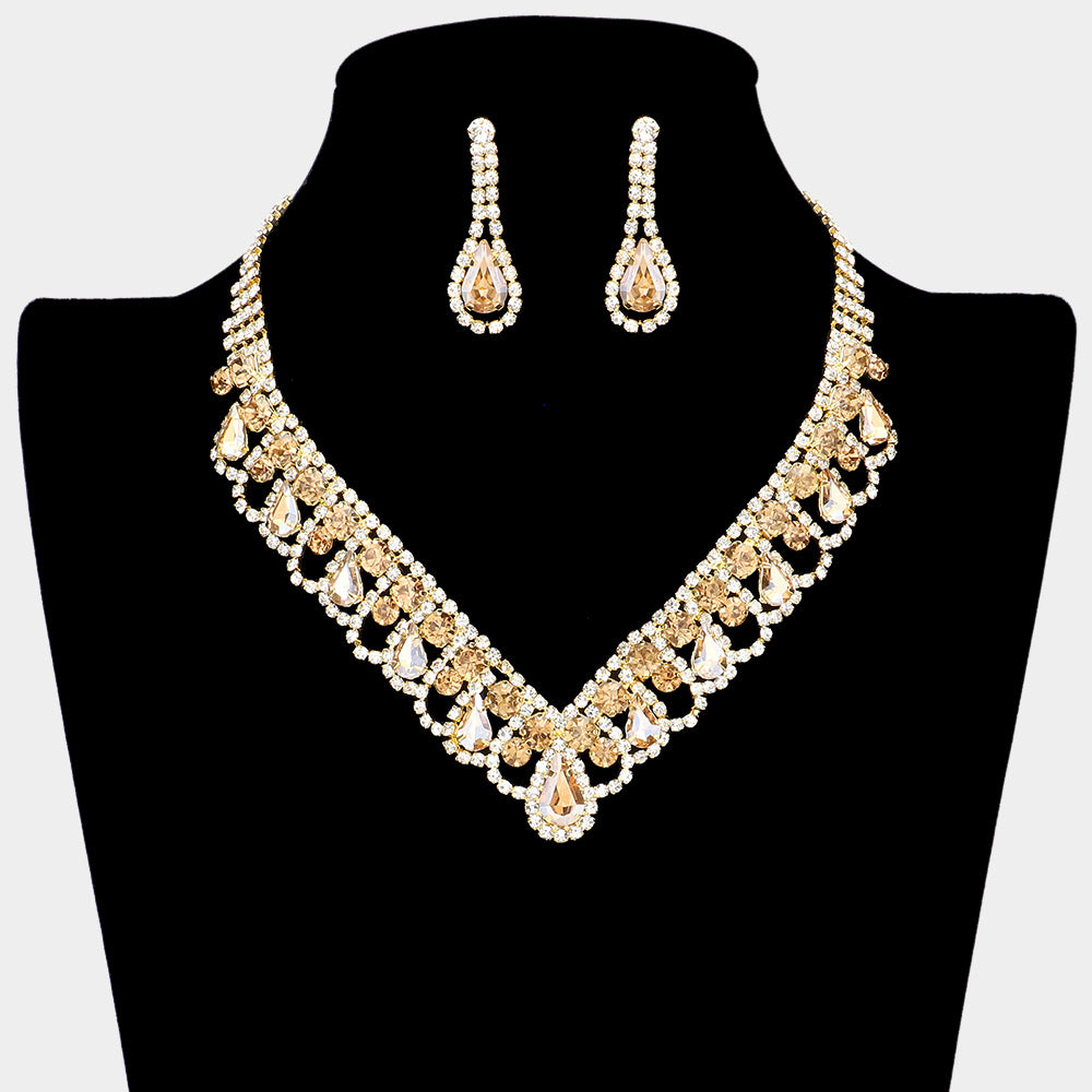 Gold Teardrop and Round Stone V Shaped Prom Necklace Set | Prom Jewelry