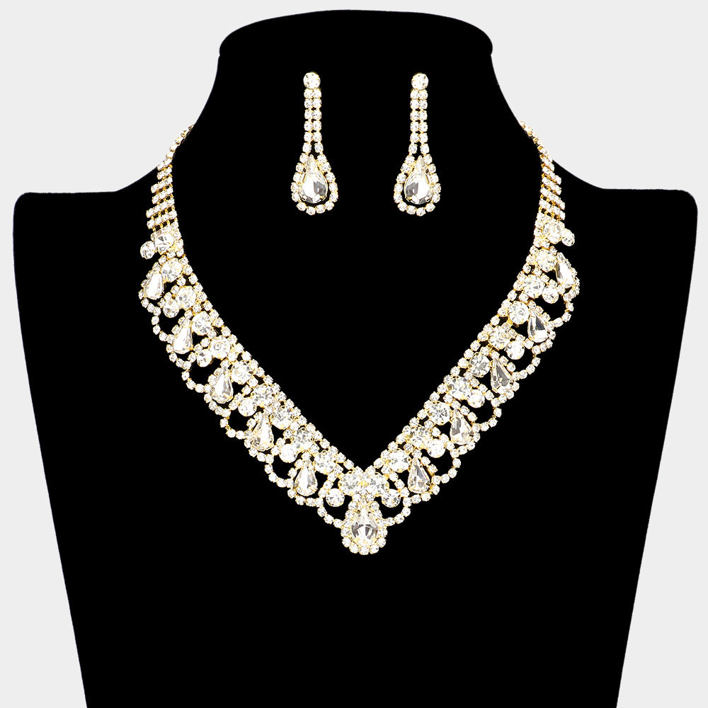 Clear Teardrop and Round Stone V Shaped Prom Necklace Set on Gold | Prom Jewelry
