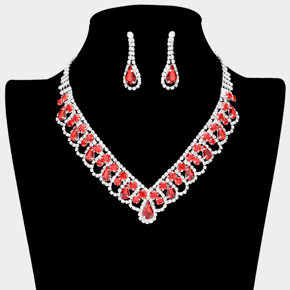 Red Teardrop and Round Stone V Shaped Prom Necklace Set | Prom Jewelry