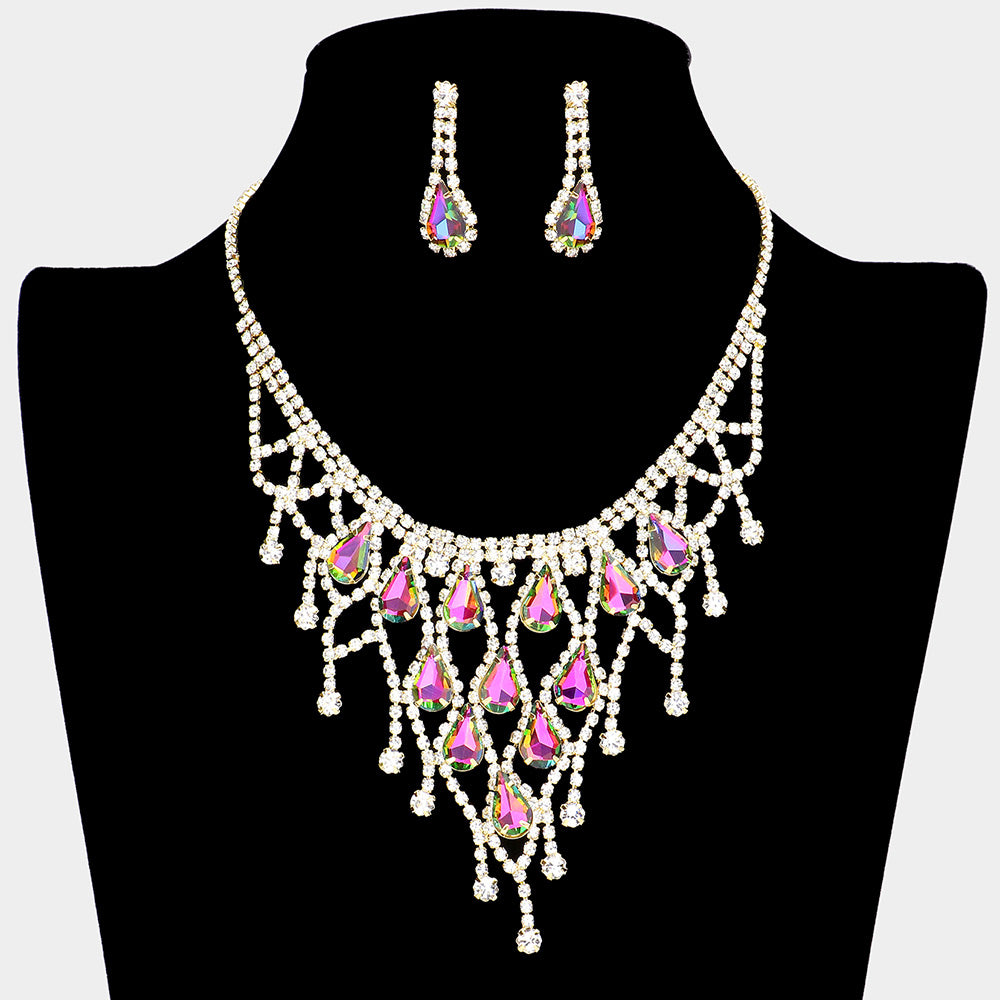 Multi Color Crystal Rhinestone Teardrop Bib Necklace on Gold&nbsp;