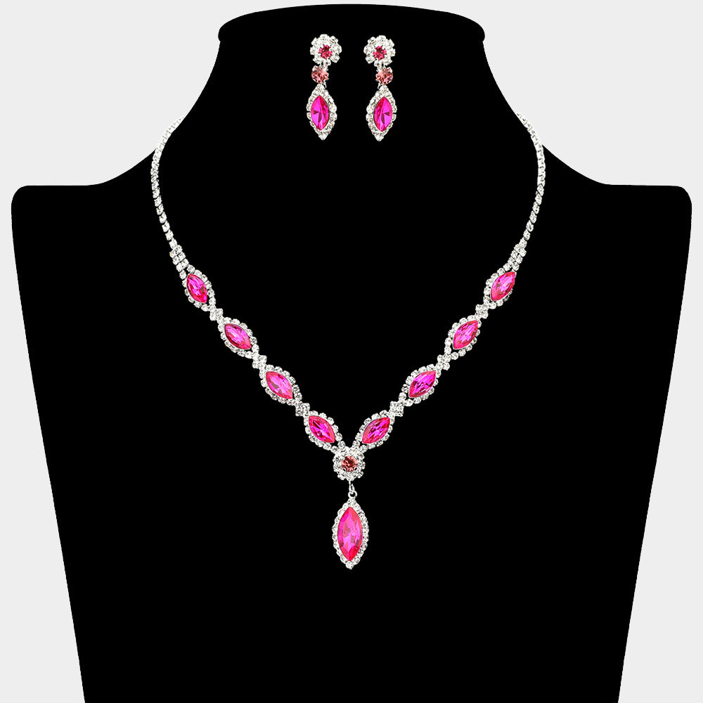 Fuchsia Marquise Stone and Clear Rhinestone Trim Prom Necklace | Special Occasion Necklace 