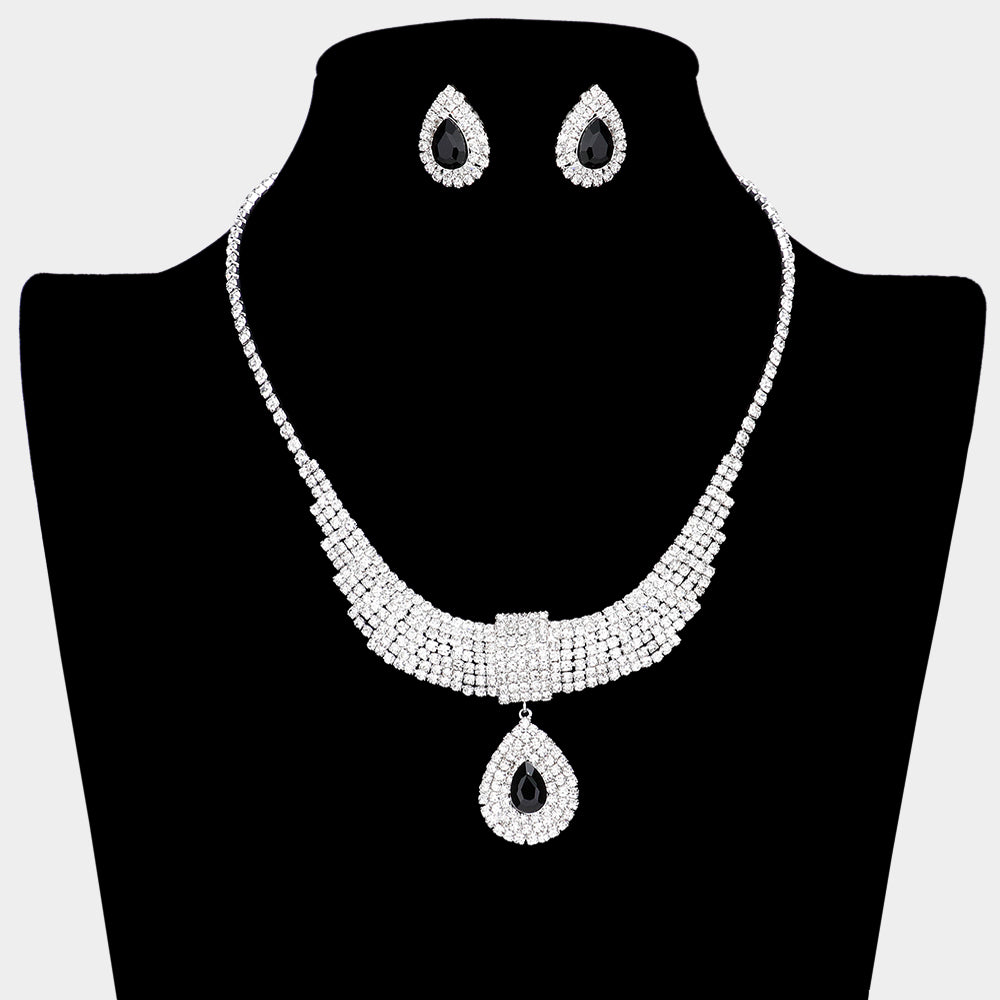 Black Crystal Teardrops with Rhinestone Cluster Accents Evening Necklace | Prom Necklace Set