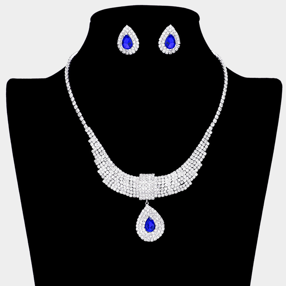 Blue Crystal Teardrops with Rhinestone Cluster Accents Evening Necklace | Prom Necklace Set