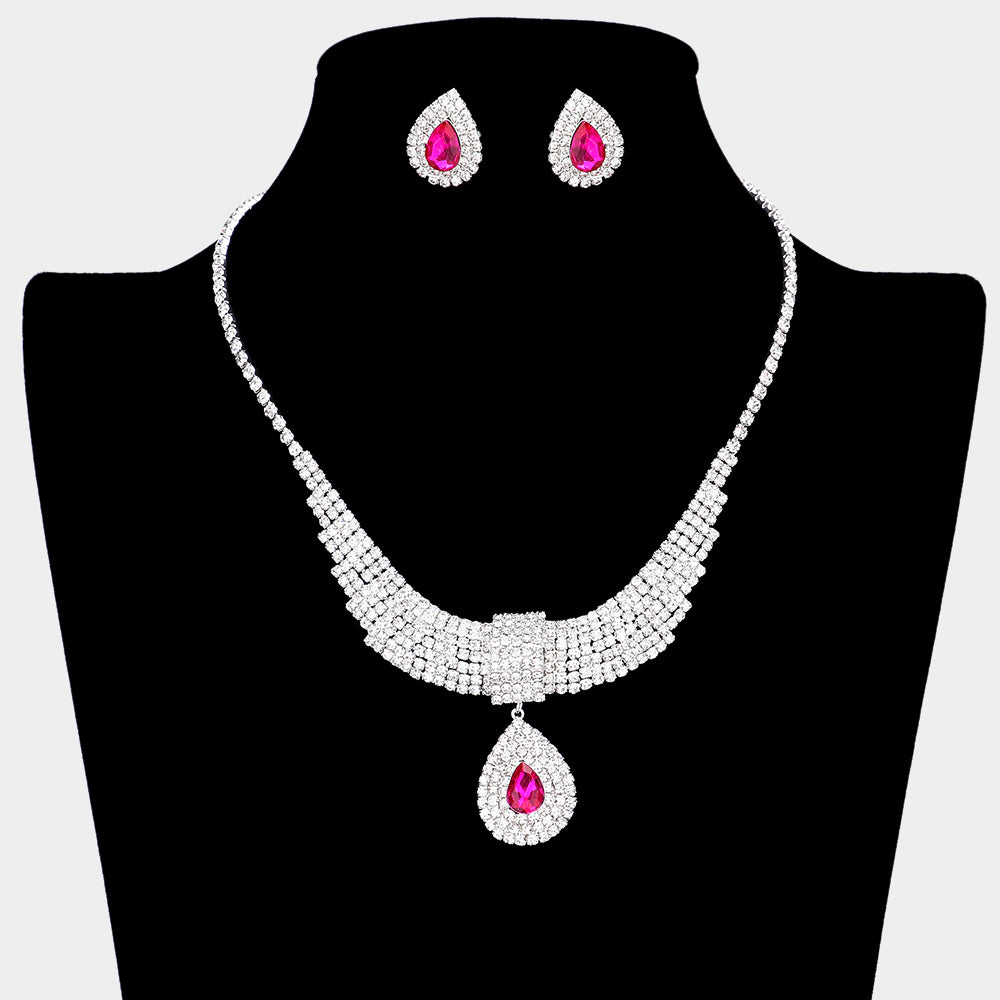 Fuchsia Crystal Teardrops with Rhinestone Cluster Accents Evening Necklace | Prom Necklace Set