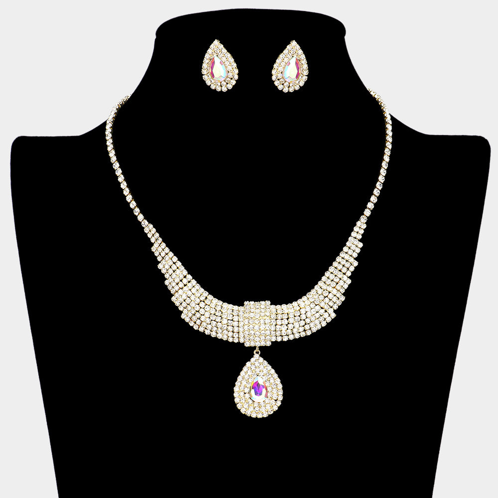 AB on Gold Crystal Teardrops with Rhinestone Cluster Accents Evening Necklace | Prom Necklace Set