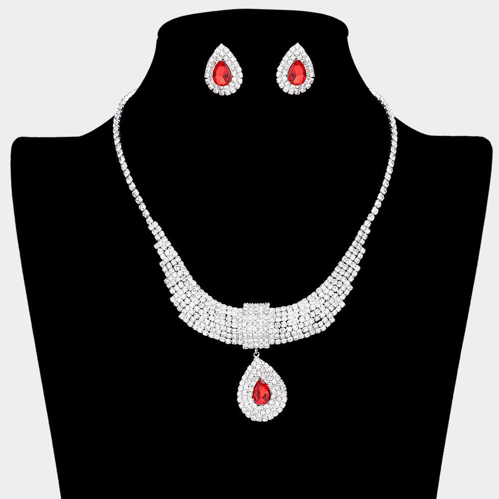 Red Crystal Teardrops with Rhinestone Cluster Accents Evening Necklace | Prom Necklace Set