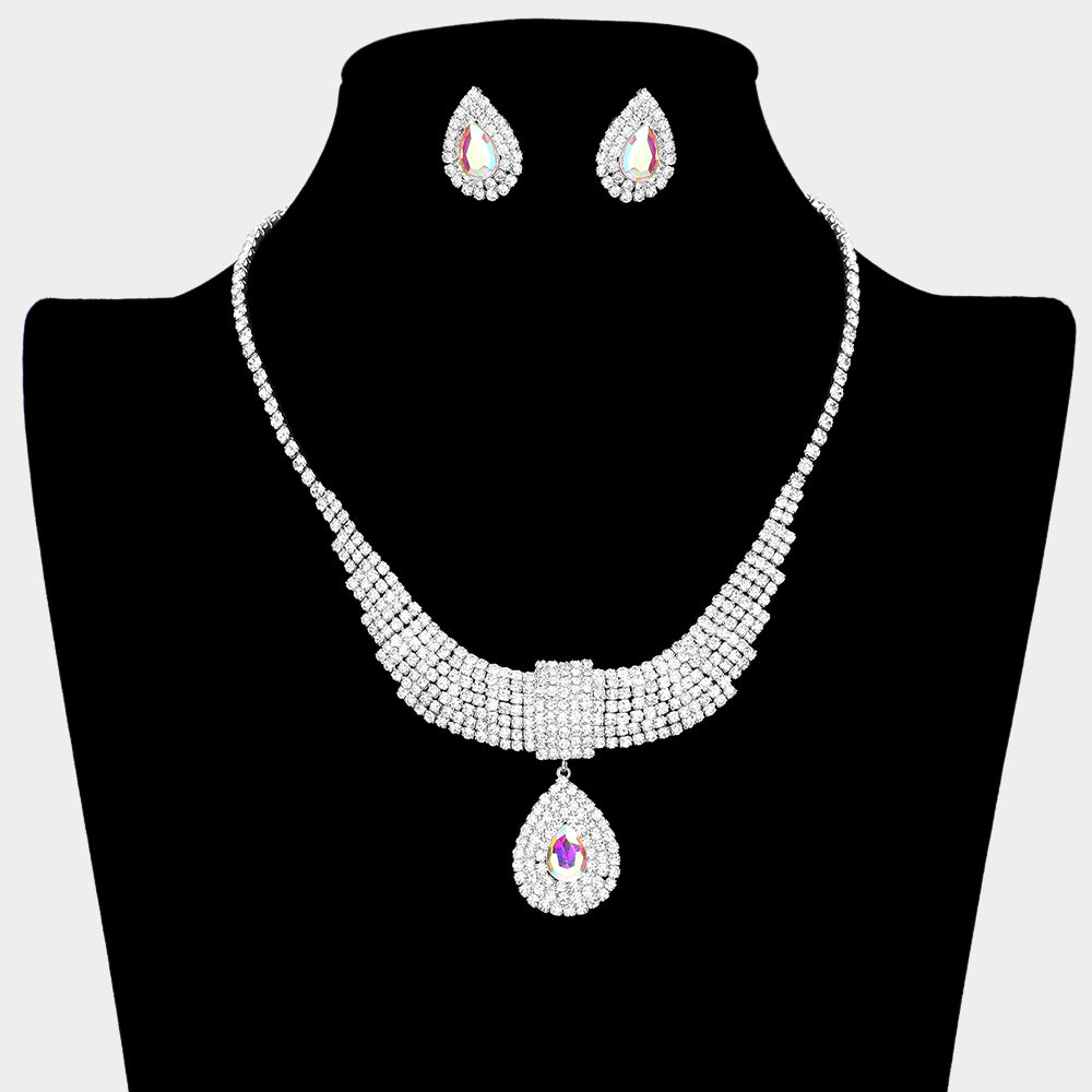 AB Crystal Teardrops with Rhinestone Cluster Accents Evening Necklace | Prom Necklace Set