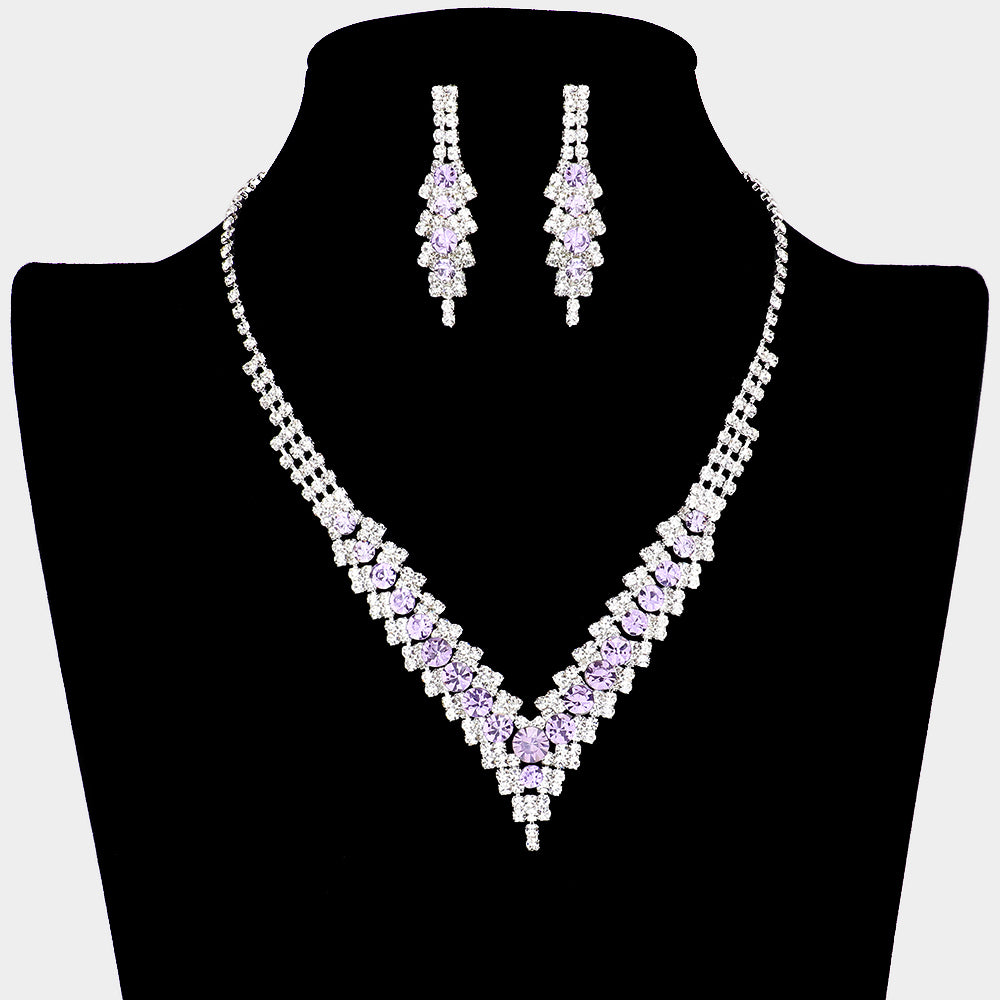 Amethyst Crystal V-Neck Rhinestone Necklace Set | Prom Jewelry