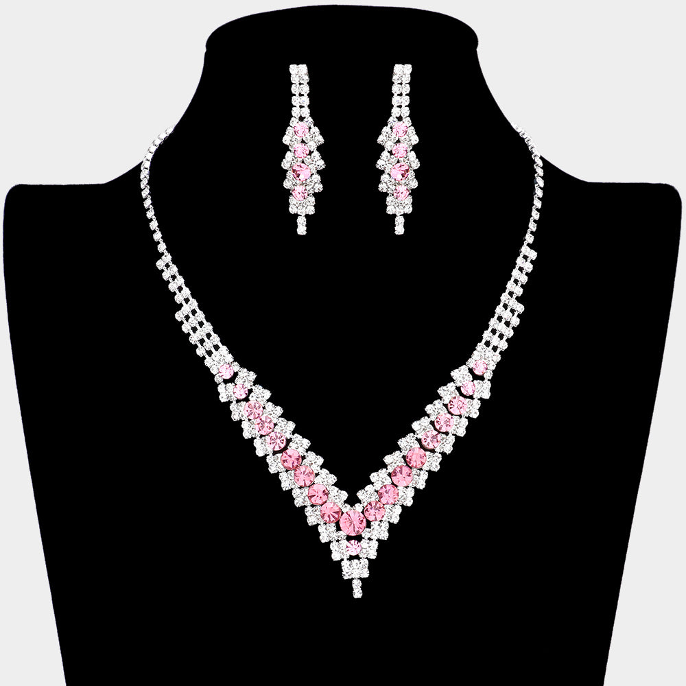 Pink Crystal V-Neck Rhinestone Necklace Set | Prom Jewelry
