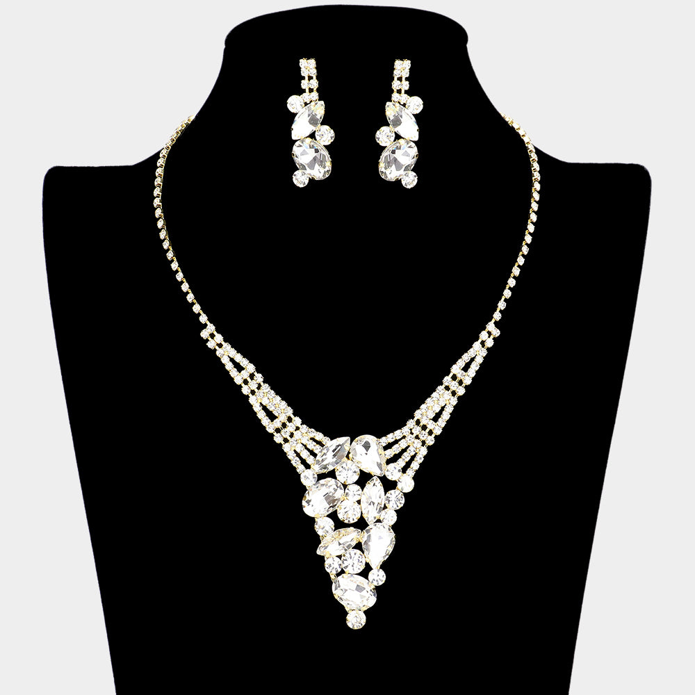 Clear Multi Stone Cluster Rhinestone Pageant Necklace on Gold | Prom Necklace Set