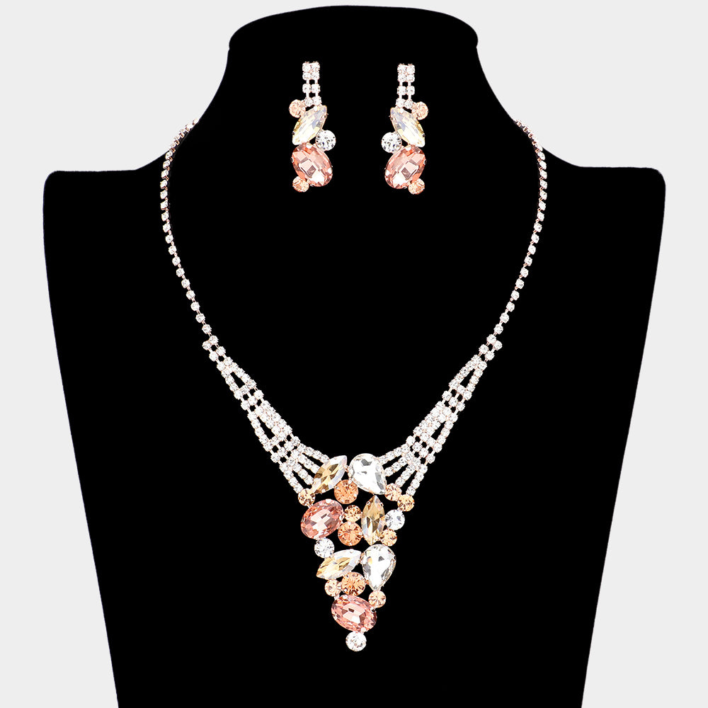 Peach Multi Stone Cluster Rhinestone Pageant Necklace  | Prom Necklace Set